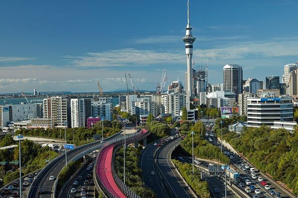 Motorways-Lightpath cycleway-and Skytower-Auckland-North Island-New Zealand